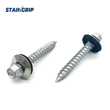 Hex-head roofing screws with bonded washers and pointed ends on a white background