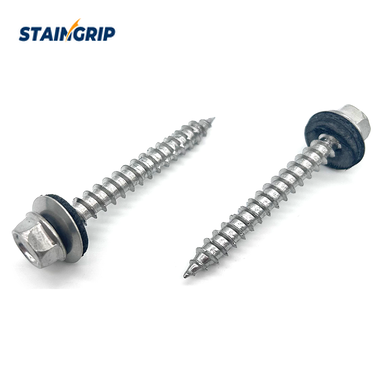 Hex-head wood roofing screws showing serrated threads, sharp points and bonded washers