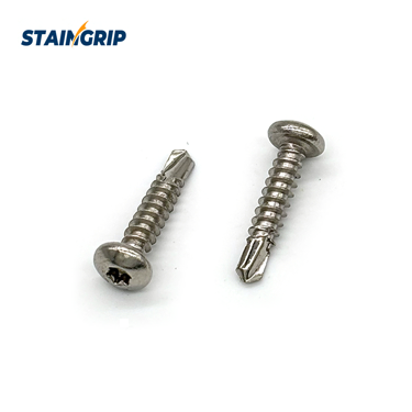 Pan-head screws showing Torx recesses and self-drilling points on a white background