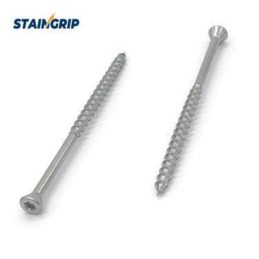 Stainless steel Type 17 deck screw with a trim head and Torx drive