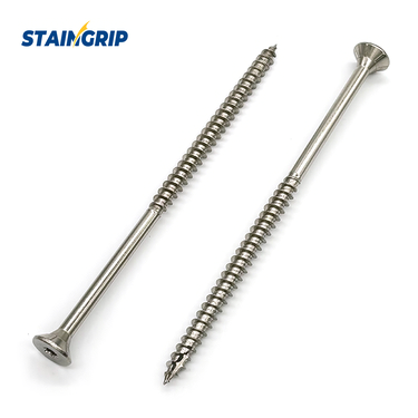 Stainless steel deck screw with a Torx countersunk flat head and Type 17 point