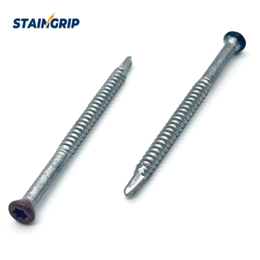 Stainless steel metal-joist deck screw with a trim head, Torx recess and drill point