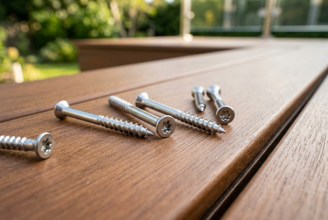 Stainless steel deck screws resting on outdoor decking boards