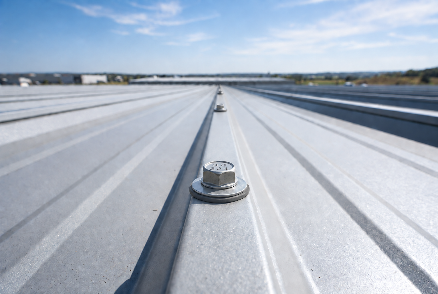 Hex-head screw and sealing washer installed on profiled metal roofing