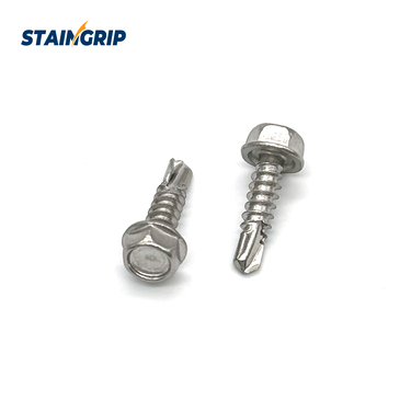 Self-drilling screws with external hex heads and integral bearing flanges