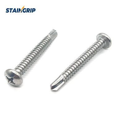 Pan-head bi-metal screws showing a cross recess, threaded shanks and drill points