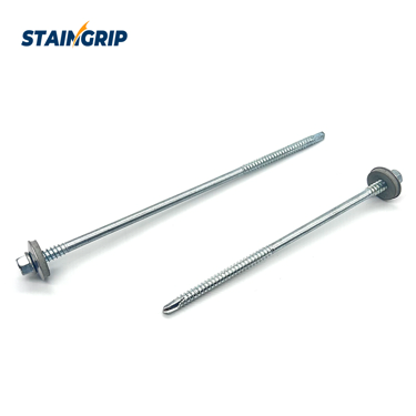 Long hex-head sandwich panel screws with washers, plain shanks, thread zones and drill points
