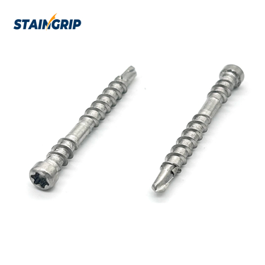 Stainless steel composite deck screw with a trim head, Torx recess and drill point