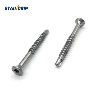 Stainless steel self-drilling screw with a countersunk flat head and Torx drive