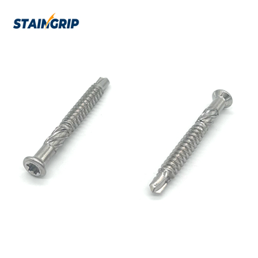 Stainless steel deck screw with a low-profile trim head, Torx drive and drill point