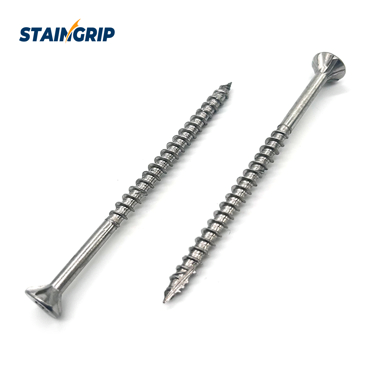Stainless steel Type 17 deck screw with a serrated countersunk head and Torx recess