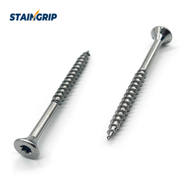 Stainless steel flat-head deck screw with a Torx recess and Type 17 point