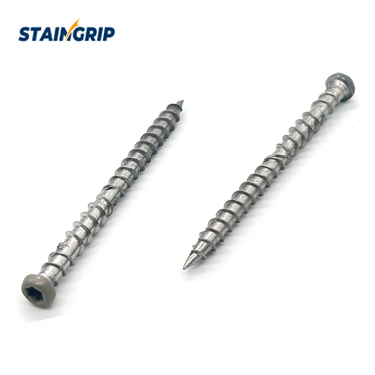 Stainless steel composite deck screw with a trim head, Torx recess and Type 17 point
